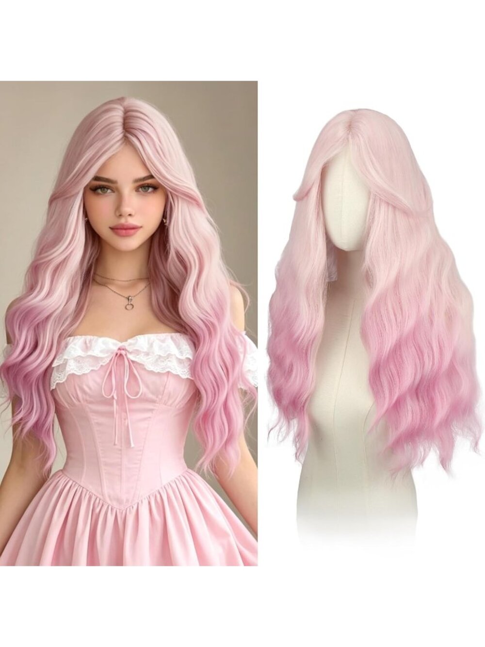 Women's Ombre Pink 26 Inch Heat Resistant Curtain Bangs Long Wavy Wigs